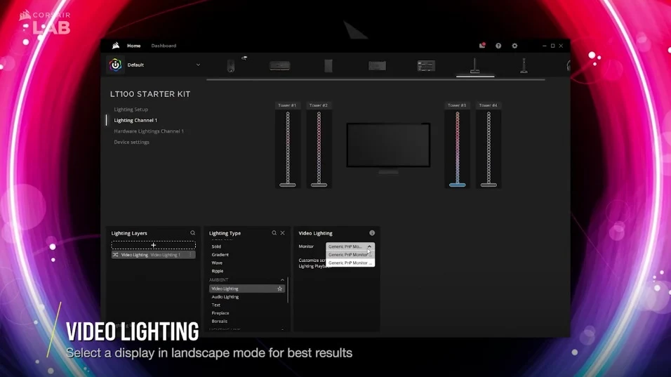 Captura de tela de vídeo das TORRES DE ILUMINAÇÃO INTELIGENTES CORSAIR iCUE LT100 NO iCUE 4