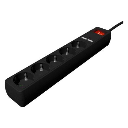 Imagem de Bloco de 5 tomadas Gembird SPG5-U2-5-02 + 2x USB Preto - 1.5Mtr