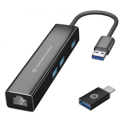 Imagem de Hub USB3.0 3 Portas + RJ45 Gigabit Conceptronic Preto c/ Adaptador Type-C
