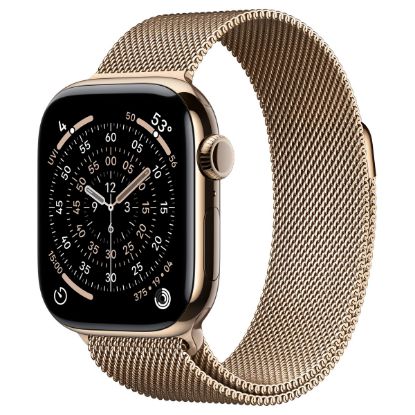 Imagem de Apple Watch Series 11 GPS + Cellular Titânio Dourado | Bracelete Loop Milanesa Aço Inoxidável Dourada (42mm)