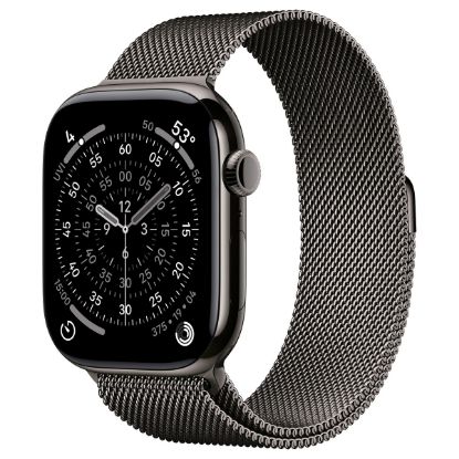 Imagem de Apple Watch Series 11 GPS + Cellular Titânio Ardósia | Bracelete Loop Milanesa Aço Inoxidável Ardósia - S/M (46mm)