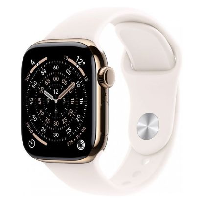 Imagem de Apple Watch Series 11 GPS + Cellular Titânio Dourado | Bracelete Desportiva Rosa Leve - S/M (42mm)