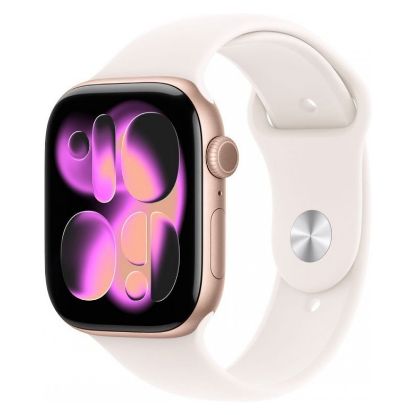 Imagem de Apple Watch Series 11 GPS Alumínio Rosa Dourado | Bracelete Desportiva Rosa Leve - M/L (46mm)