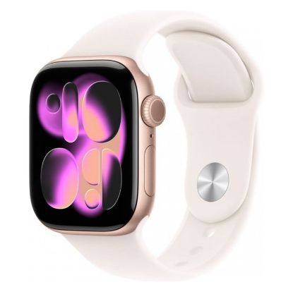 Imagem de Apple Watch Series 11 GPS Alumínio Rosa Dourado | Bracelete Desportiva Rosa Leve - M/L (42mm)