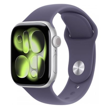Imagem de Apple Watch Series 11 GPS + Cellular Alumínio Prateado | Bracelete Desportiva Roxo Névoa - S/M (42mm)