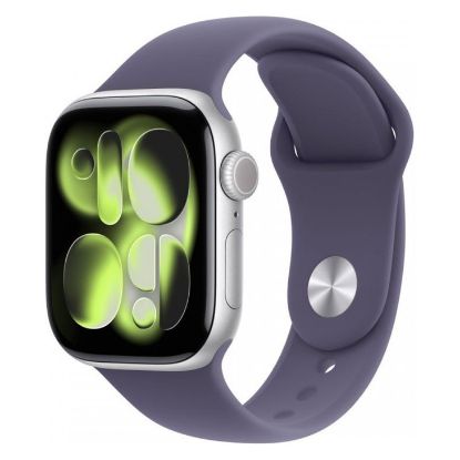 Imagem de Apple Watch Series 11 GPS Alumínio Prateado | Bracelete Desportiva Roxo Névoa - M/L (42mm)