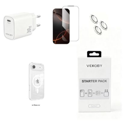 Imagem de Kit Starter Pack Vekoby p/ iPhone 17 Air (Capa + Carregador 30W + Película Vidro + Proteção Câmara)
